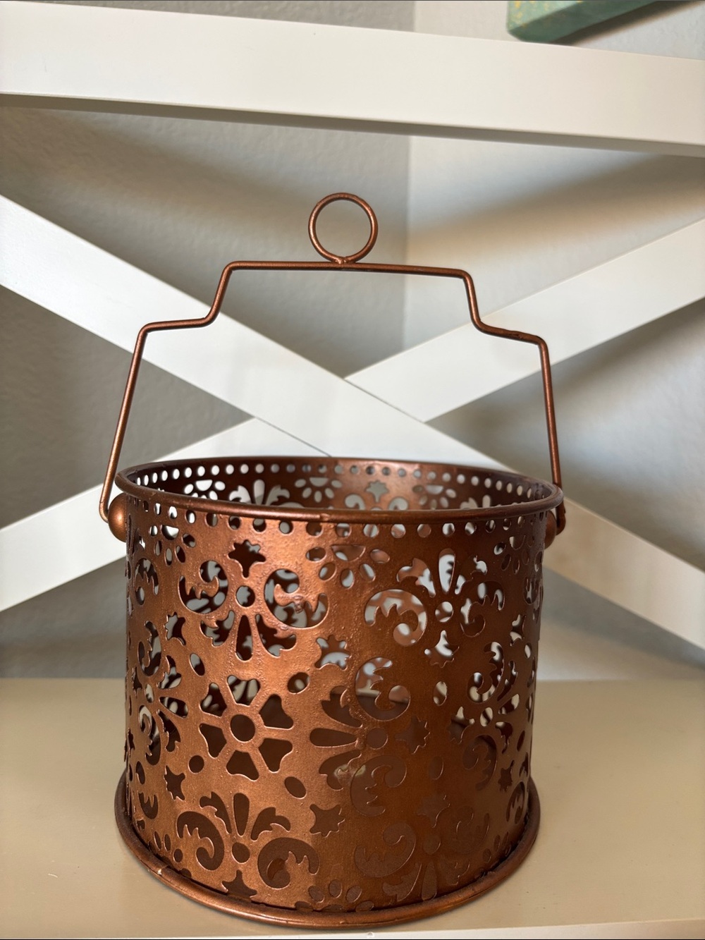 Copper-Tone Filigree Metal Basket w/ Handle Storage Organize
